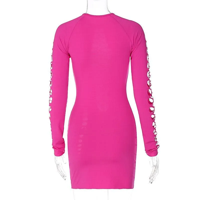 Hollow out long sleeve solid crewneck cut out mini dress