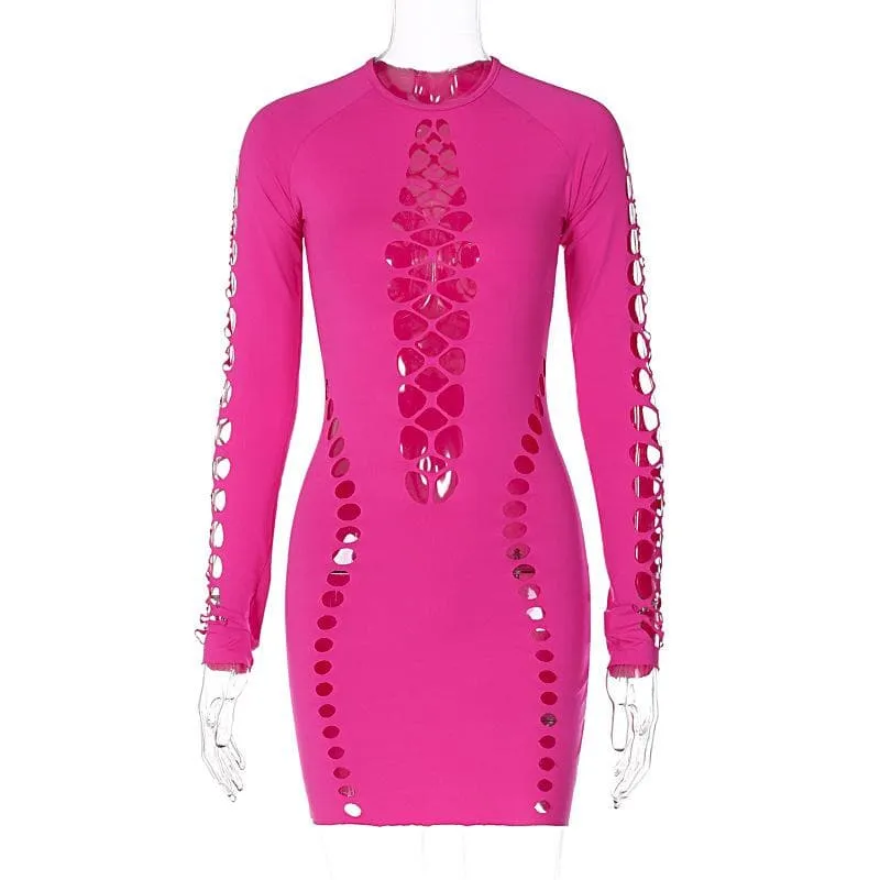 Hollow out long sleeve solid crewneck cut out mini dress