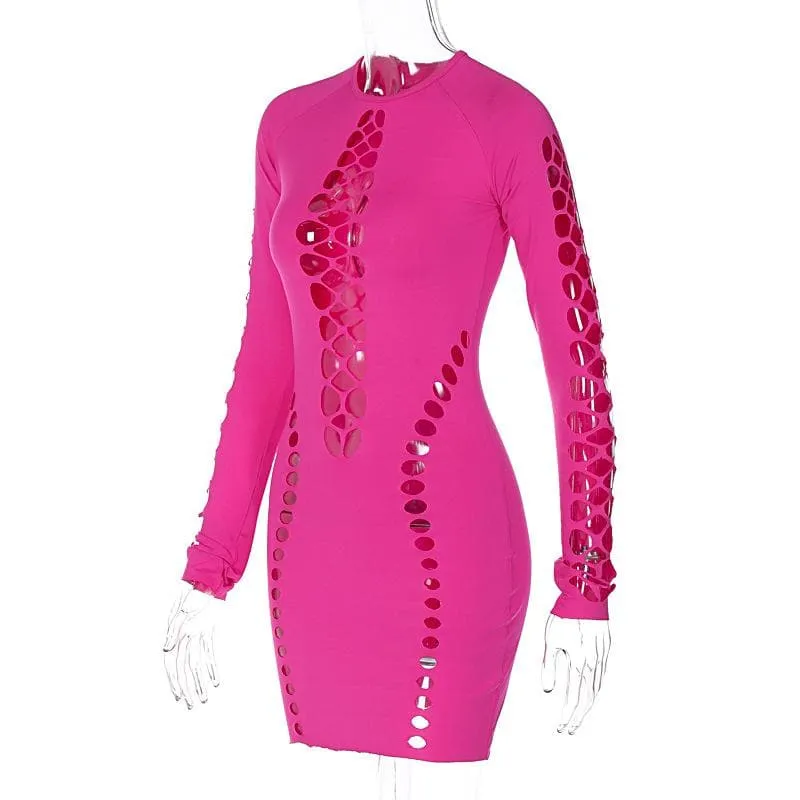Hollow out long sleeve solid crewneck cut out mini dress