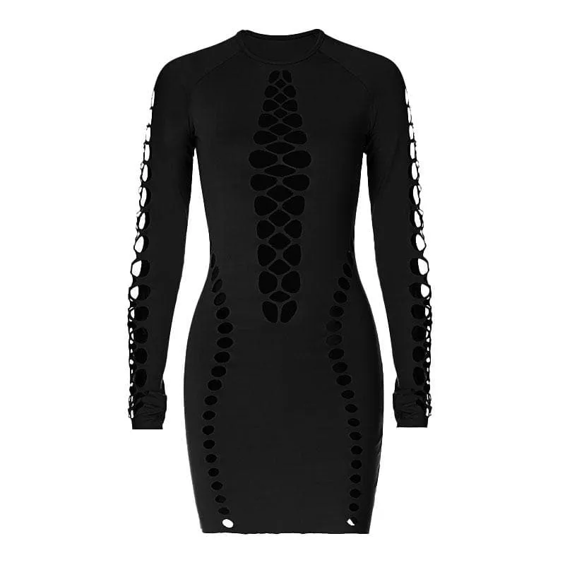 Hollow out long sleeve solid crewneck cut out mini dress
