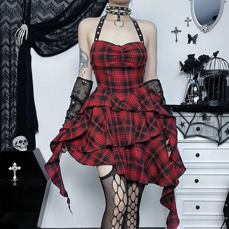 Hot Gothic Red and Black Plaid Punk Skirt - Rock Goth Dress