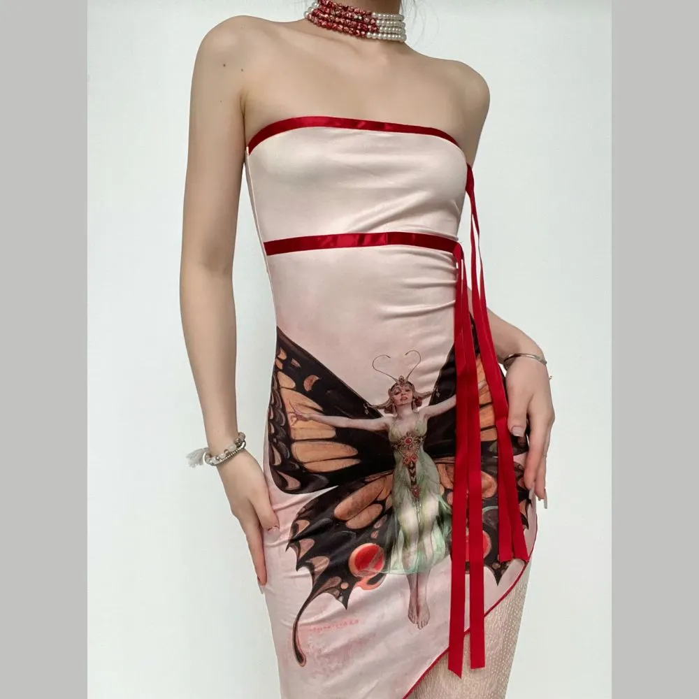 Irregular ruffle butterfly pattern contrast tube mini dress