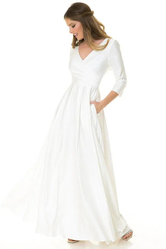 Ivory Sleeve Wrap Pleated Flare Pockets Formal Dress