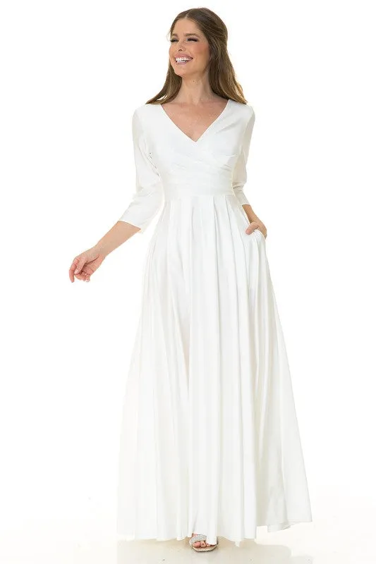 Ivory Sleeve Wrap Pleated Flare Pockets Formal Dress