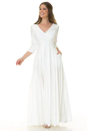 Ivory Sleeve Wrap Pleated Flare Pockets Formal Dress