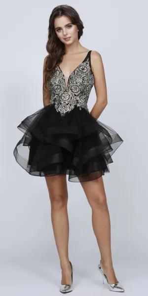 Juliet 823 Plunging V-Neck Ruffled Skirt Short Dress