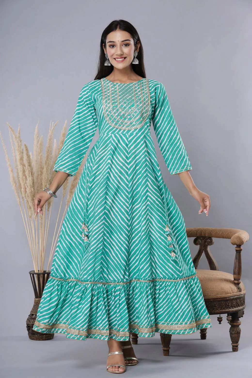 Juniper Green Cotton Leheriya Printed Anarkali Dress with Embroidered Yoke