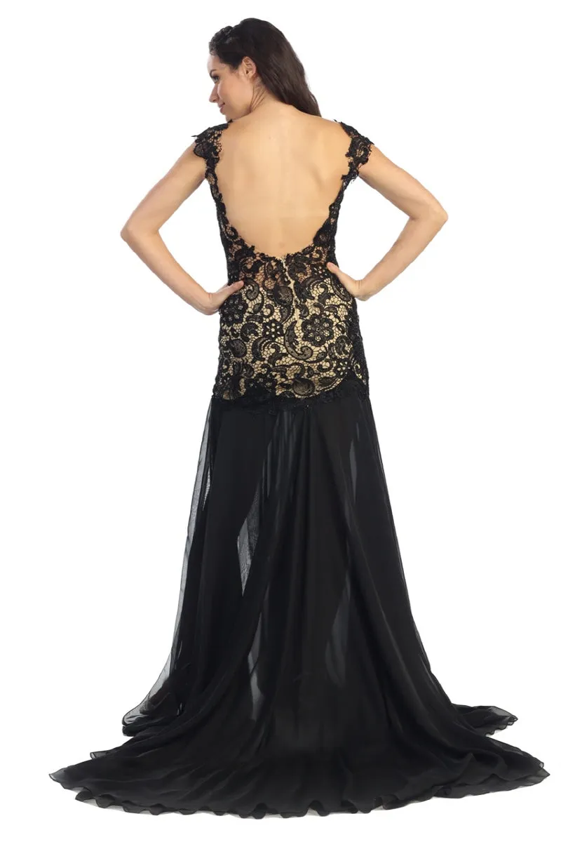 Lace Chiffon Long Dress with Side Slit and Sheer Bodice
