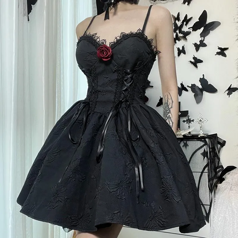Lace hem flower applique zip-up textured lace up mini dress