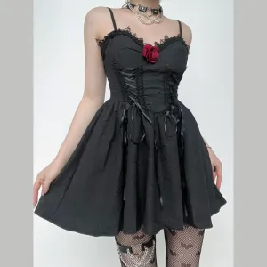 Lace hem flower applique zip-up textured lace up mini dress