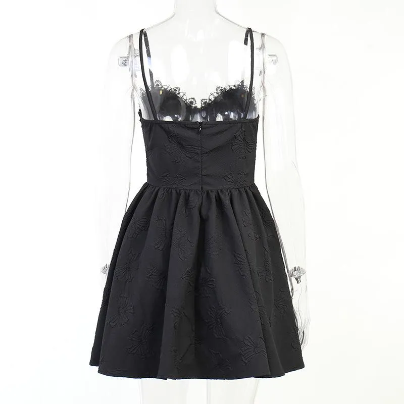 Lace hem flower applique zip-up textured lace up mini dress