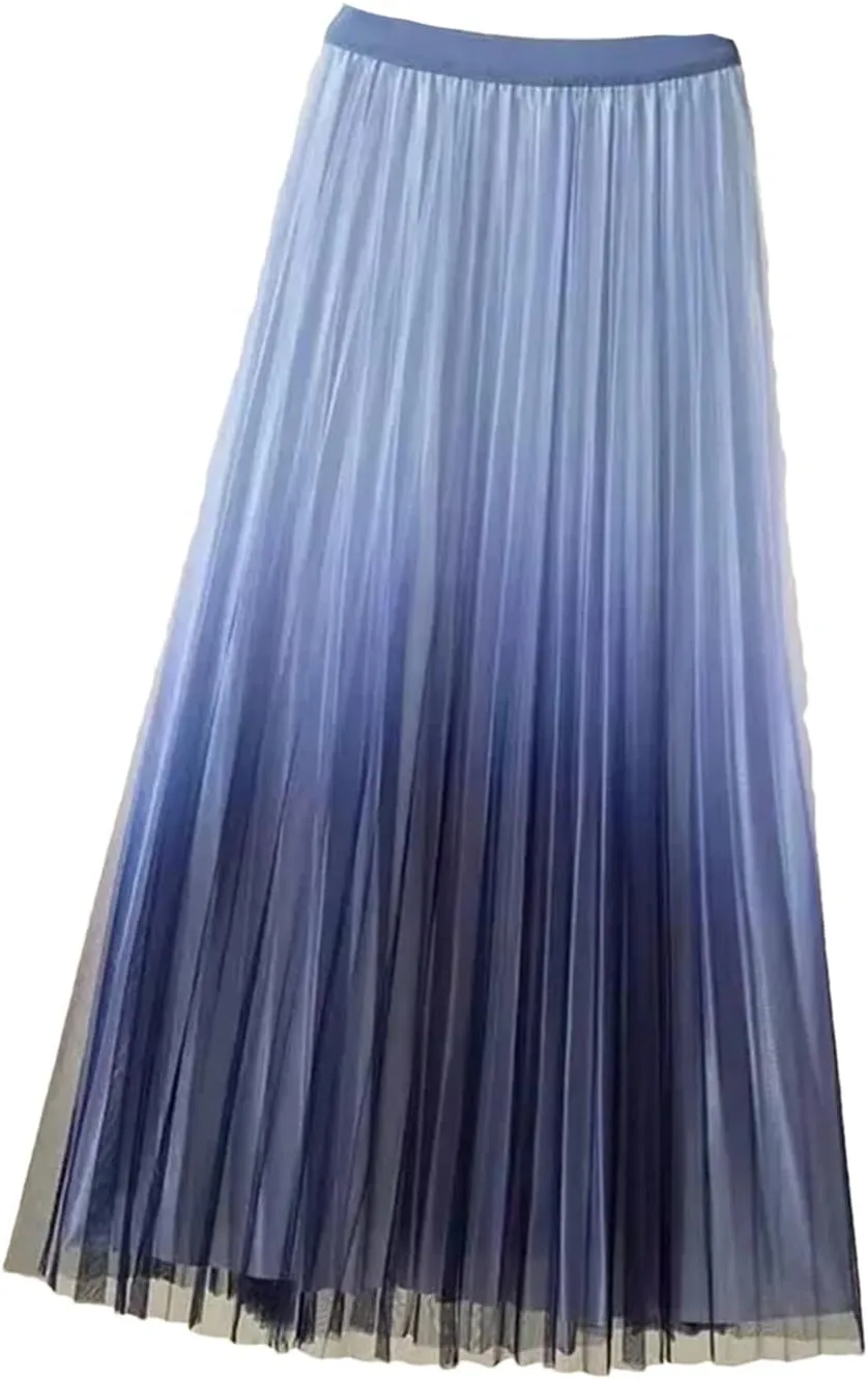 Lady Skirts High Waist Women Pleated Skirts Spring Summer Female Mesh Midi Patchwork Skirt