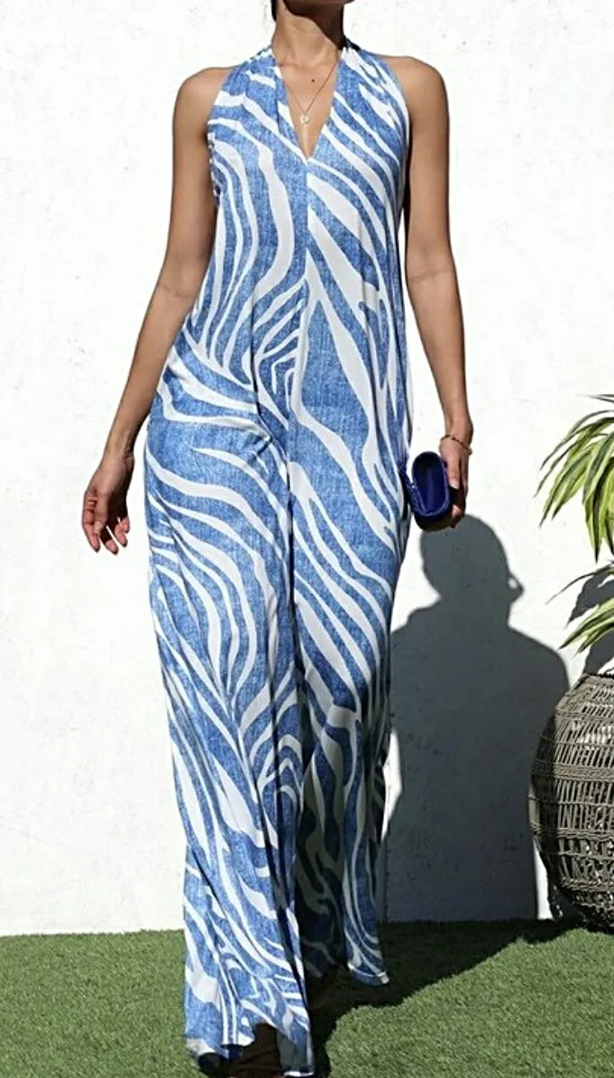 Lean In Boho Wide Leg Halter Summer Jumper w/Pockets