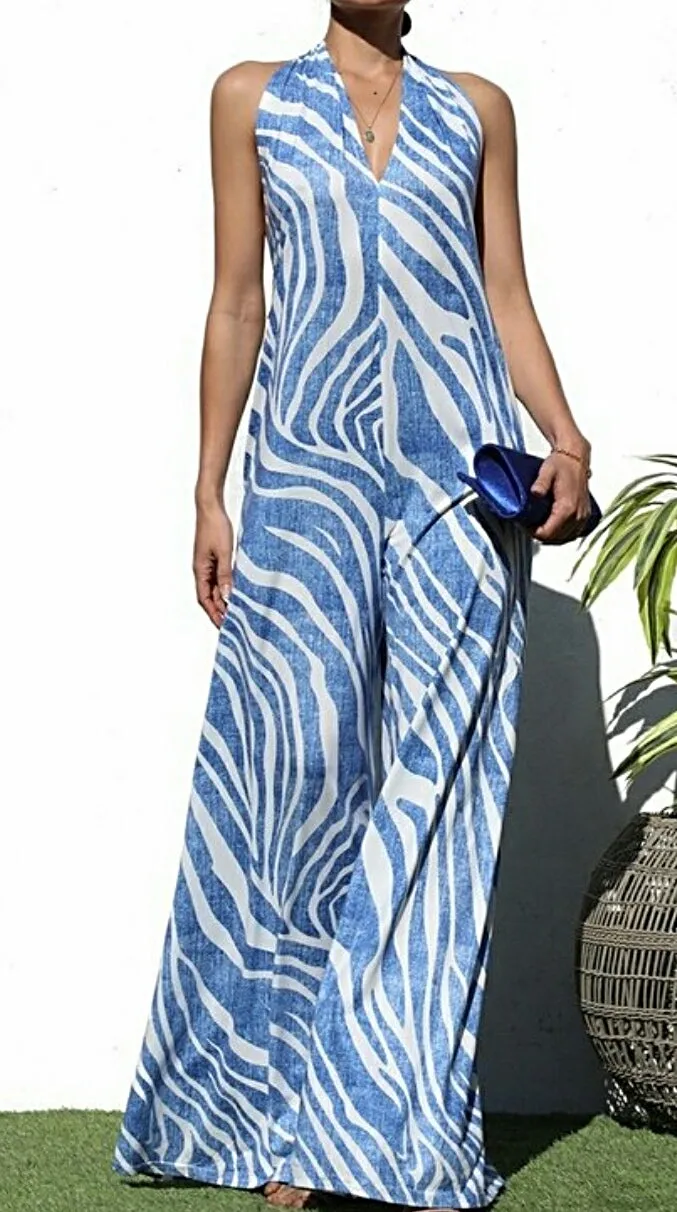 Lean In Boho Wide Leg Halter Summer Jumper w/Pockets