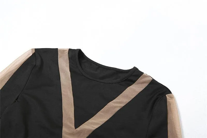 Long sleeve crewneck mesh patchwork contrast mini dress - Final Sale