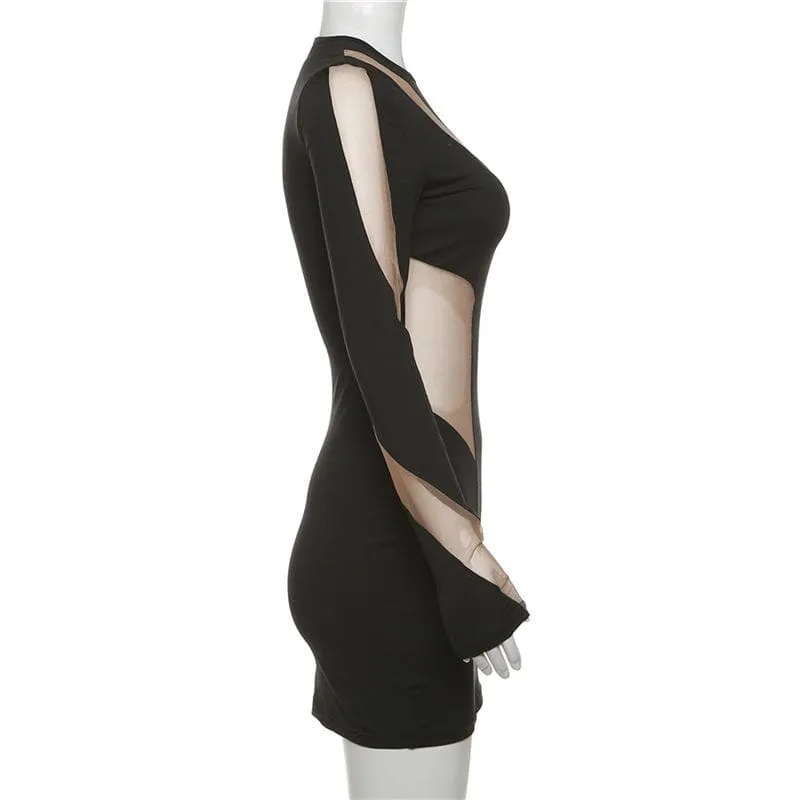 Long sleeve crewneck mesh patchwork contrast mini dress - Final Sale
