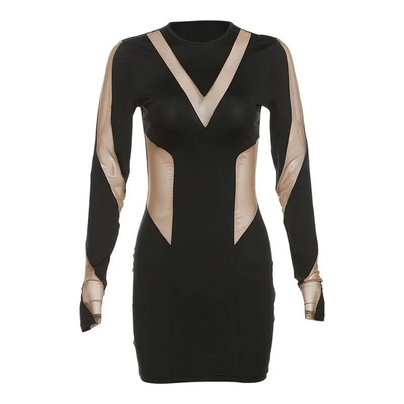 Long sleeve crewneck mesh patchwork contrast mini dress - Final Sale