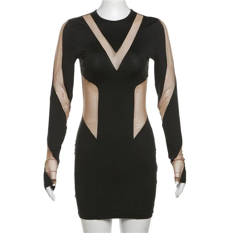 Long sleeve crewneck mesh patchwork contrast mini dress - Final Sale