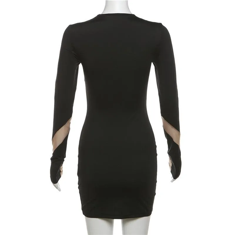 Long sleeve crewneck mesh patchwork contrast mini dress - Final Sale