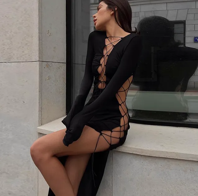 Long Sleeve Lace Up Maxi Dresses