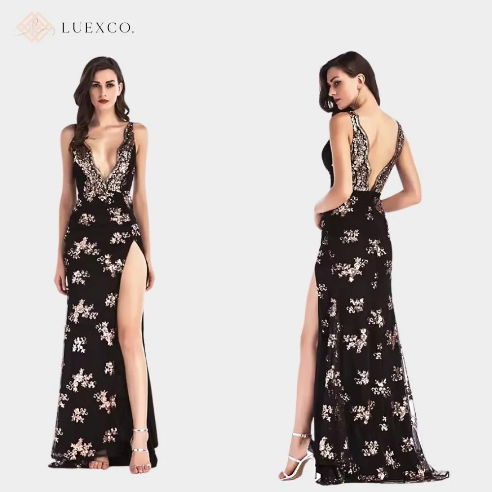 Luexco Sequin Sling Sexy Backless Floor-Length Gown