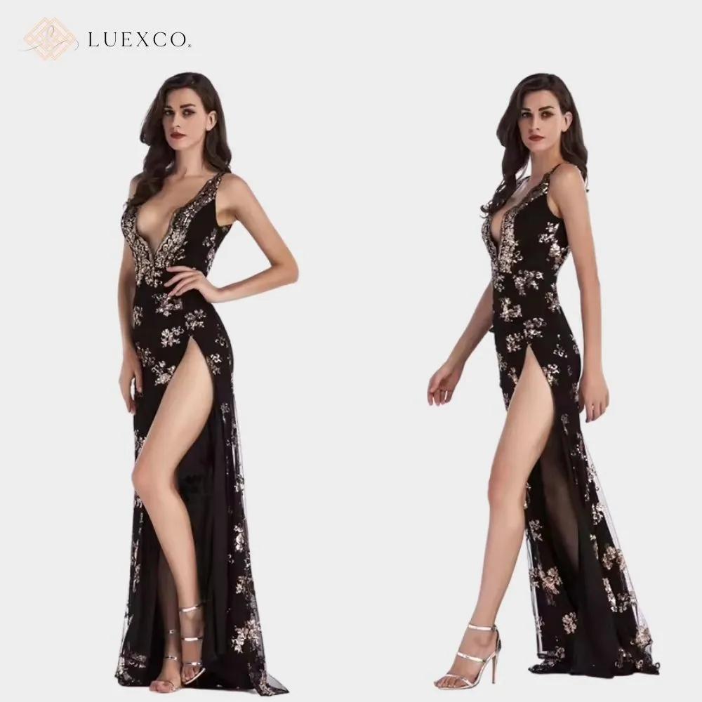 Luexco Sequin Sling Sexy Backless Floor-Length Gown