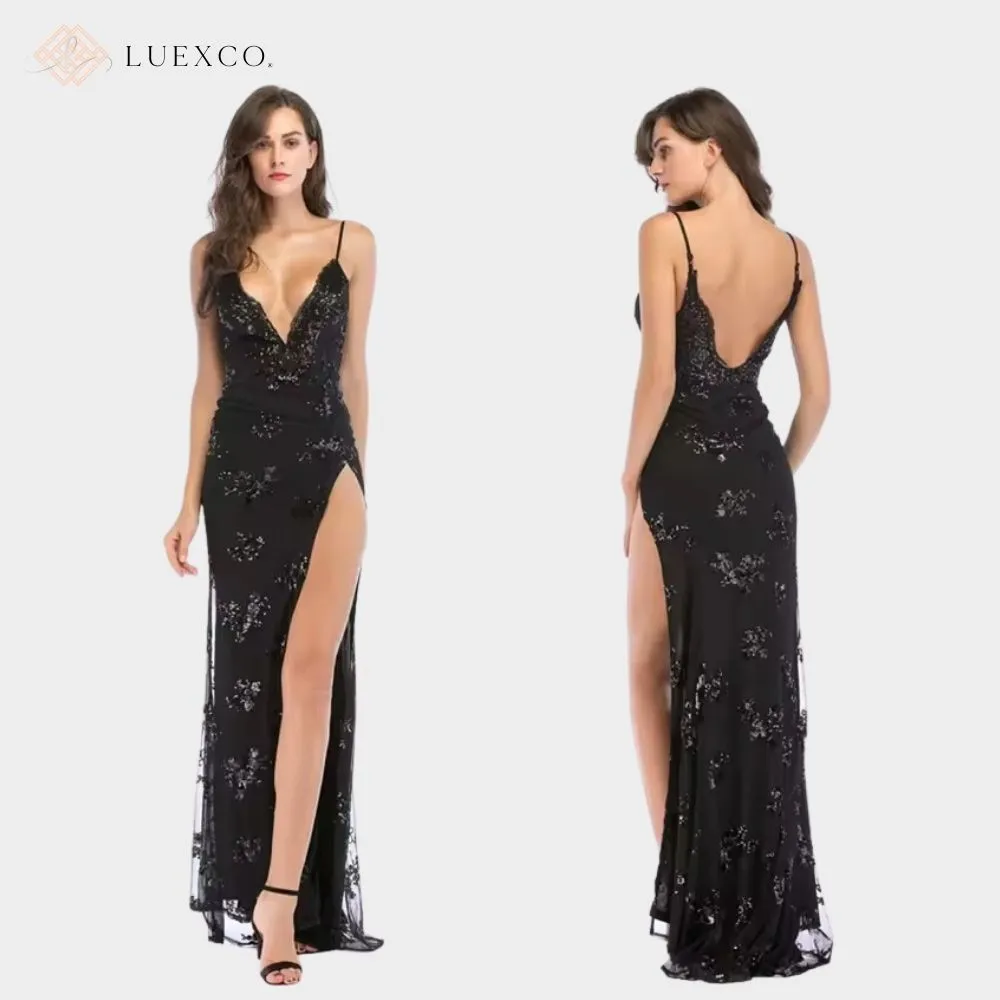 Luexco Sequin Sling Sexy Backless Floor-Length Gown