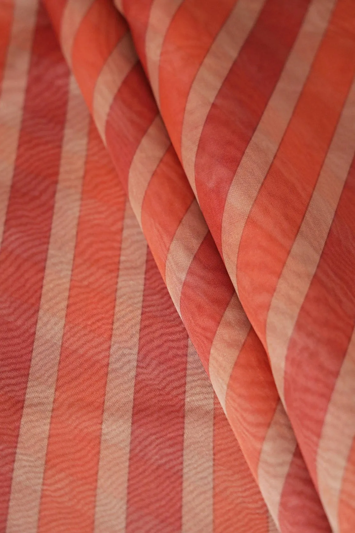 Maroon And Orange Stripes Digital Print On Organza Fabric