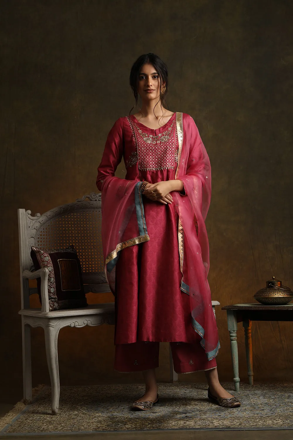 Marori Embroidered Dark Old Rose Silk Dupion Kurta (Ymn-03)