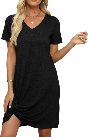 Miselon Tshirt Dresses for Women - Short Sleeve V Neck Knot T Shirt Dress Casual Summer Beach Sundresses