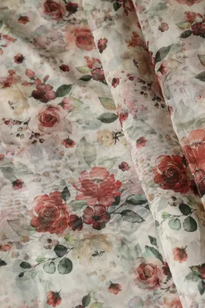 Multi Color Beautiful Floral Digital Print On Cream Organza Fabric