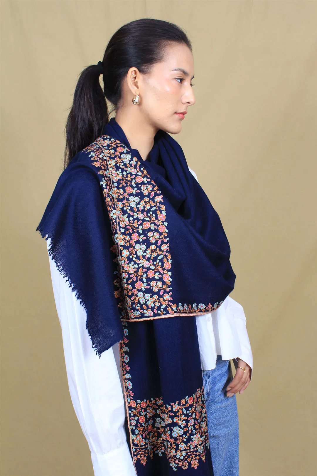 Nayaab Oxford Blue Kanikar Paldar Embroidered Pashmina Stole