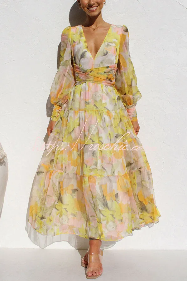 Olena Abstract Floral Balloon Sleeves Maxi Dress (The back is stretchy)
