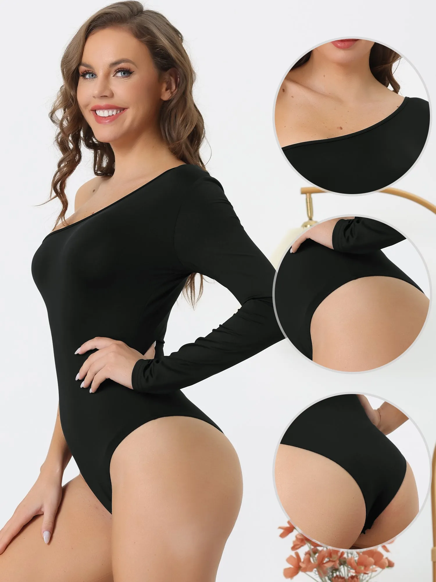 One Shoulder Stretchy Long Sleeve Bodycon Leotard Bodysuit