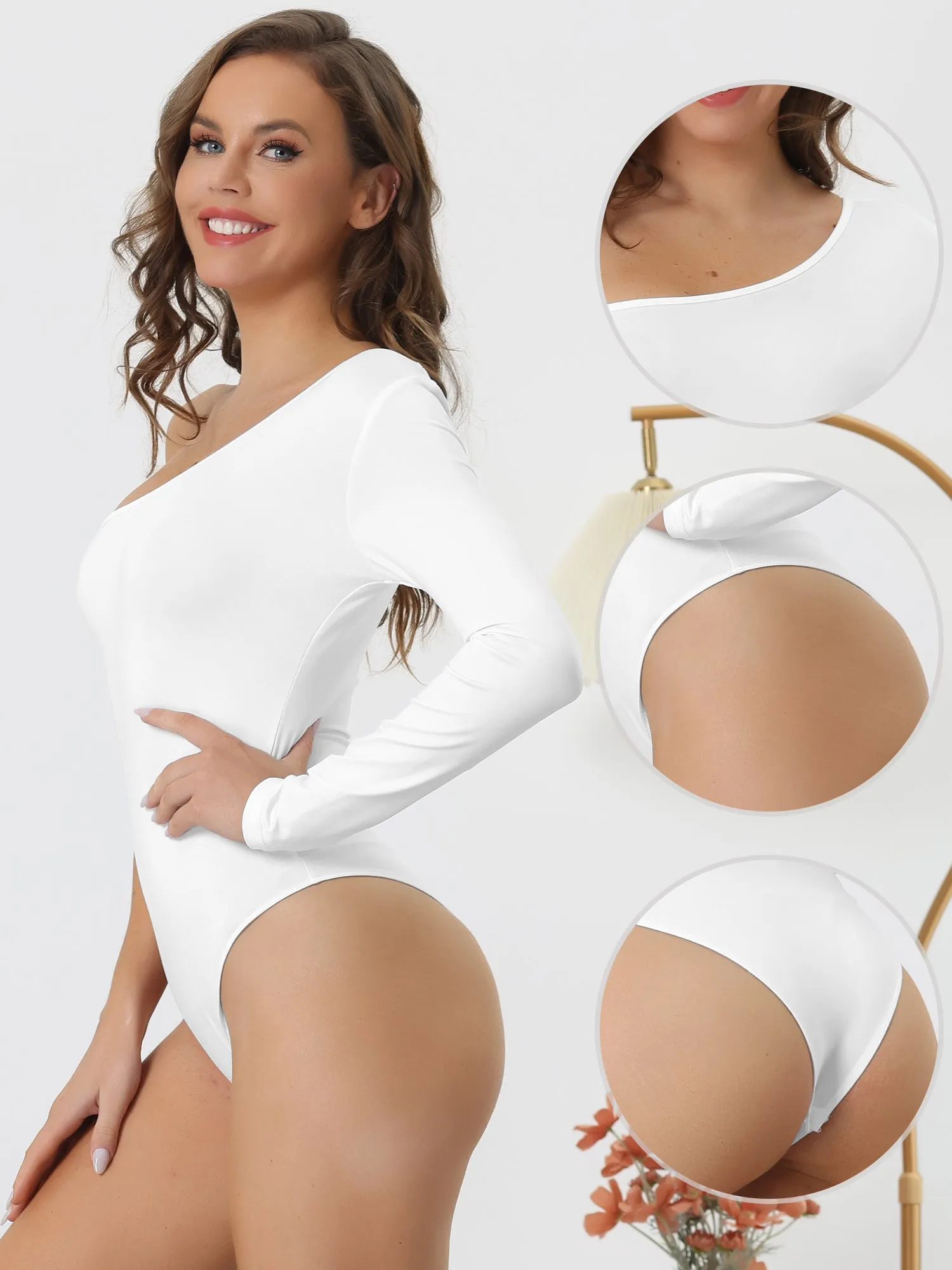 One Shoulder Stretchy Long Sleeve Bodycon Leotard Bodysuit