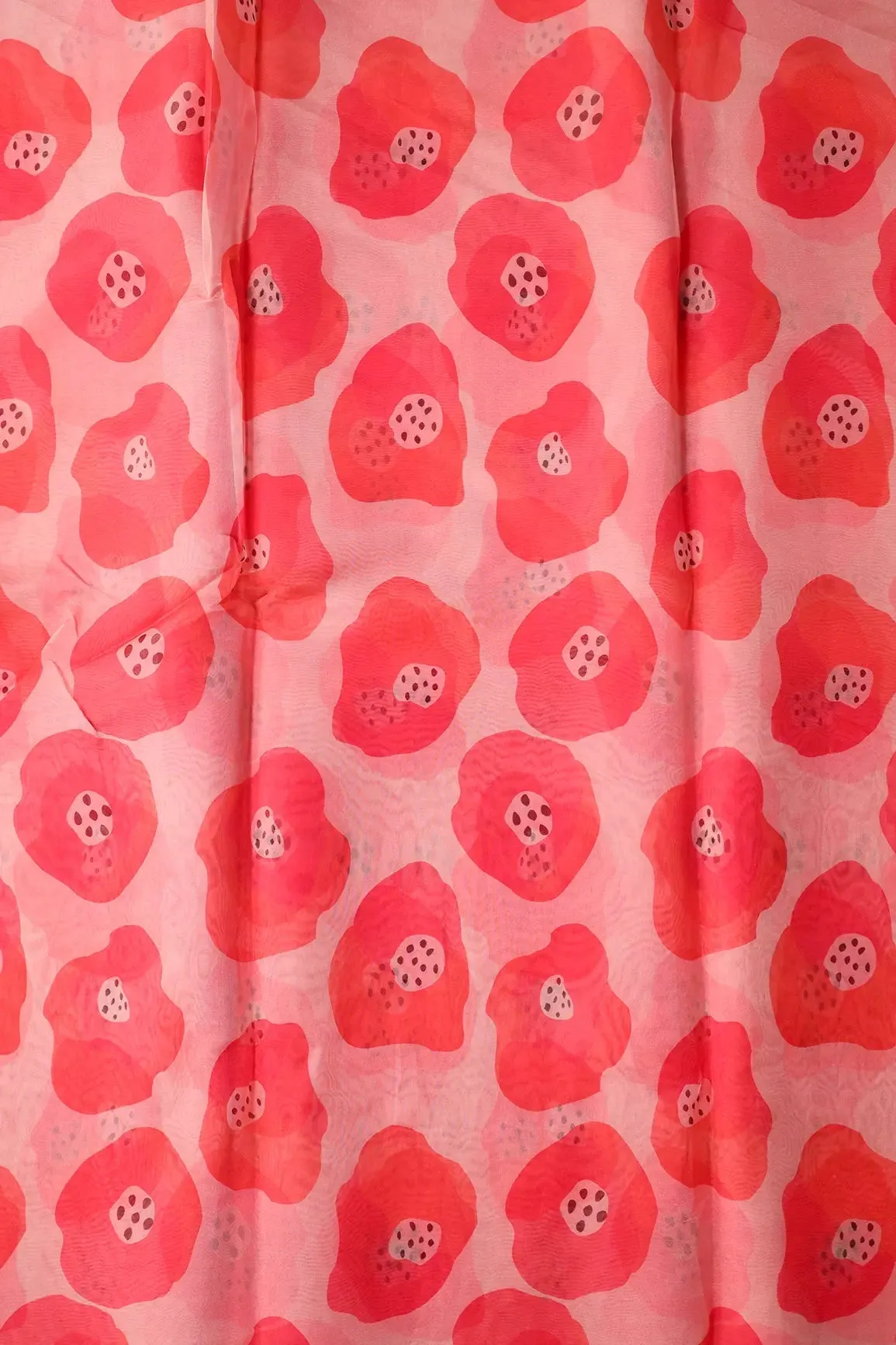 Orange And Pink Quirky Pattern Digital Print On Organza Fabric