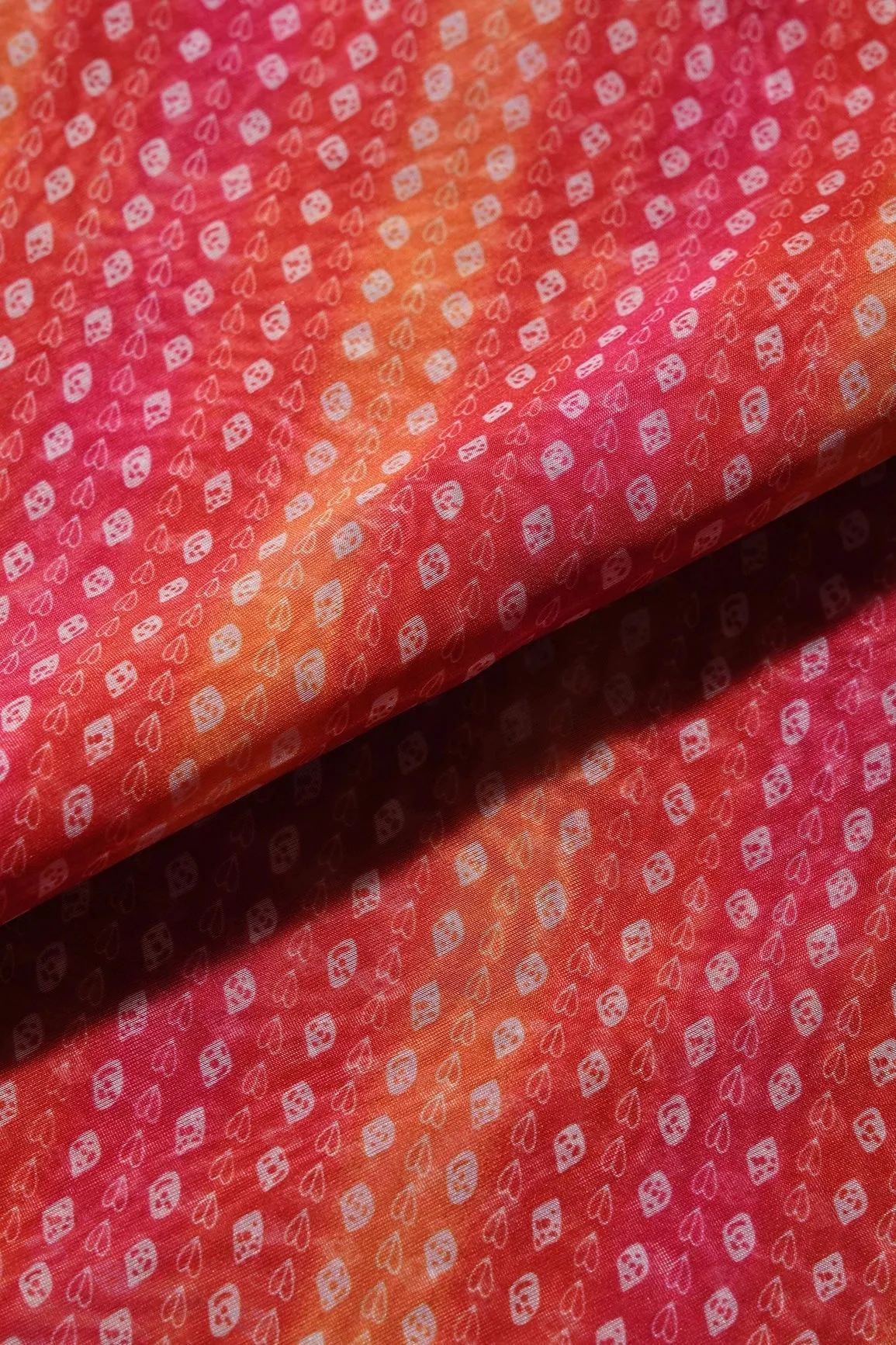 Orange And Red Bandhani Pattern Digital Print Organza Fabric