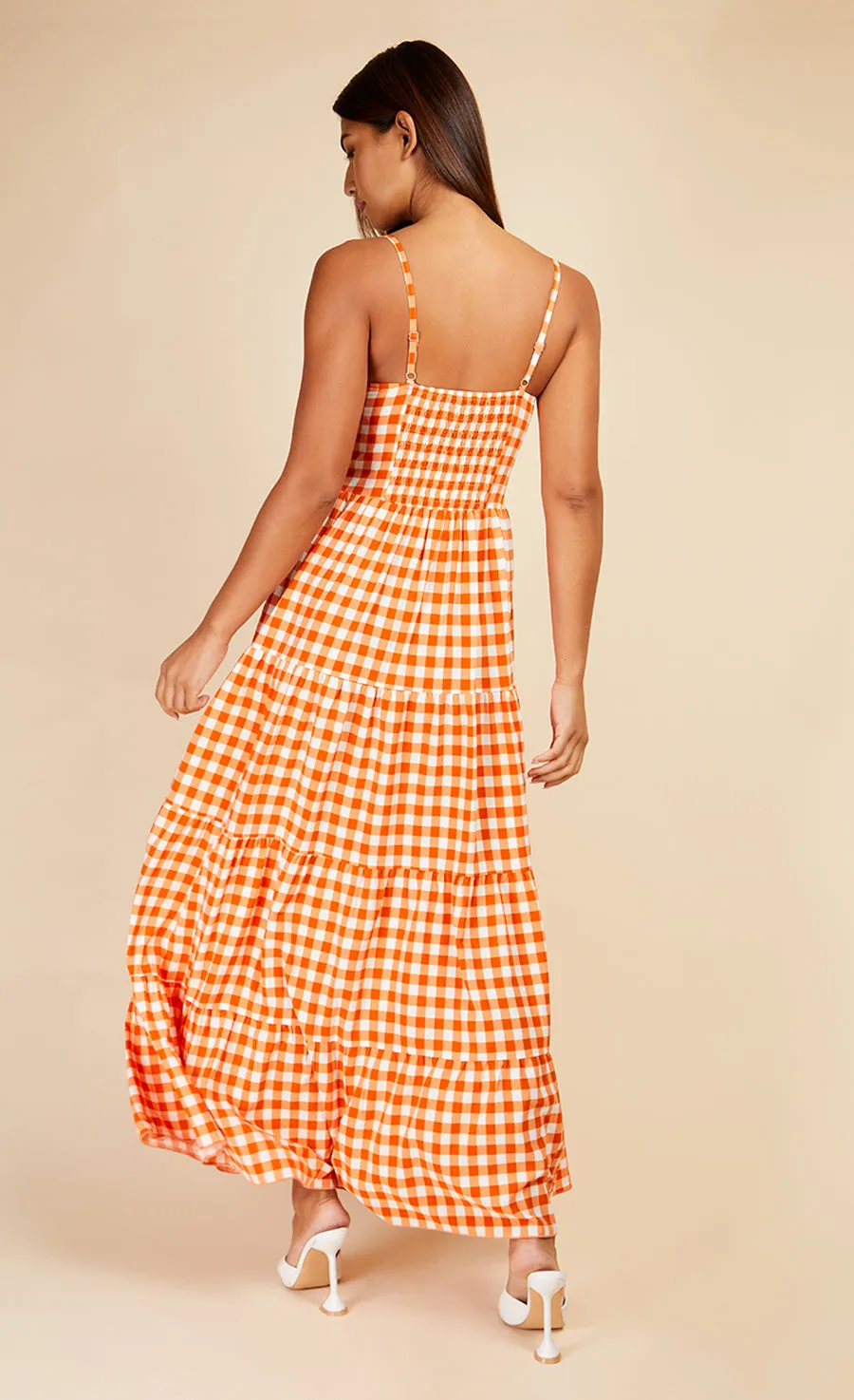 Orange Gingham Tie Front Maxi Dress