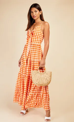 Orange Gingham Tie Front Maxi Dress
