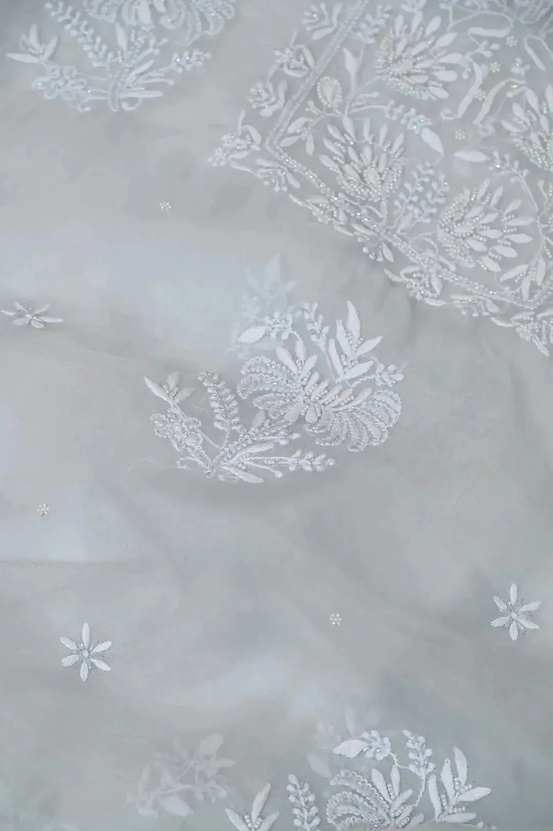 Organza Chikankari Length with Dupatta (Pearl Work) - Grey Green