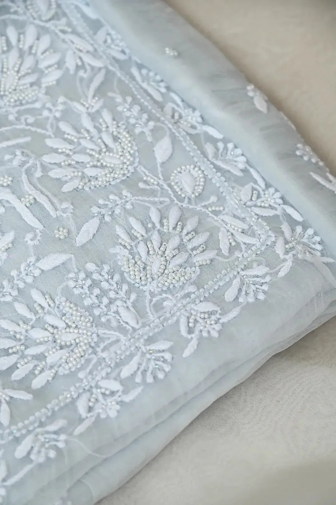 Organza Chikankari Length with Dupatta (Pearl Work) - Grey Green