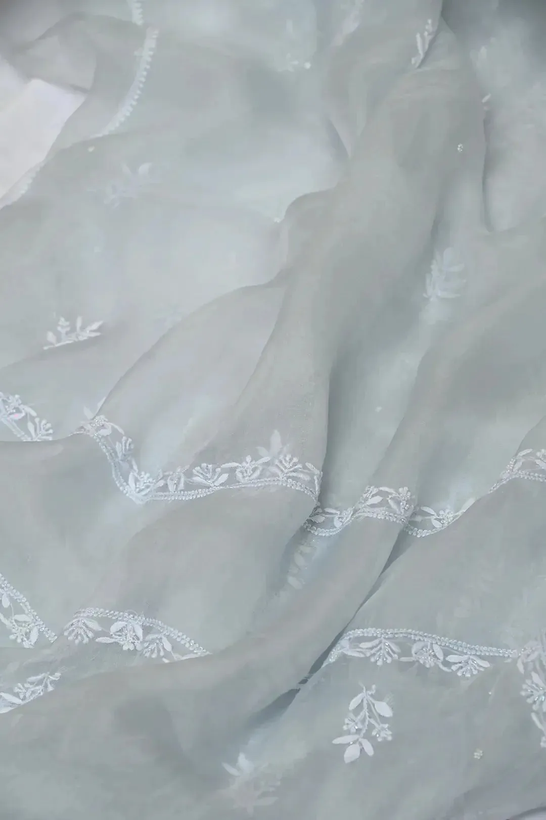 Organza Chikankari Length with Dupatta (Pearl Work) - Grey Green