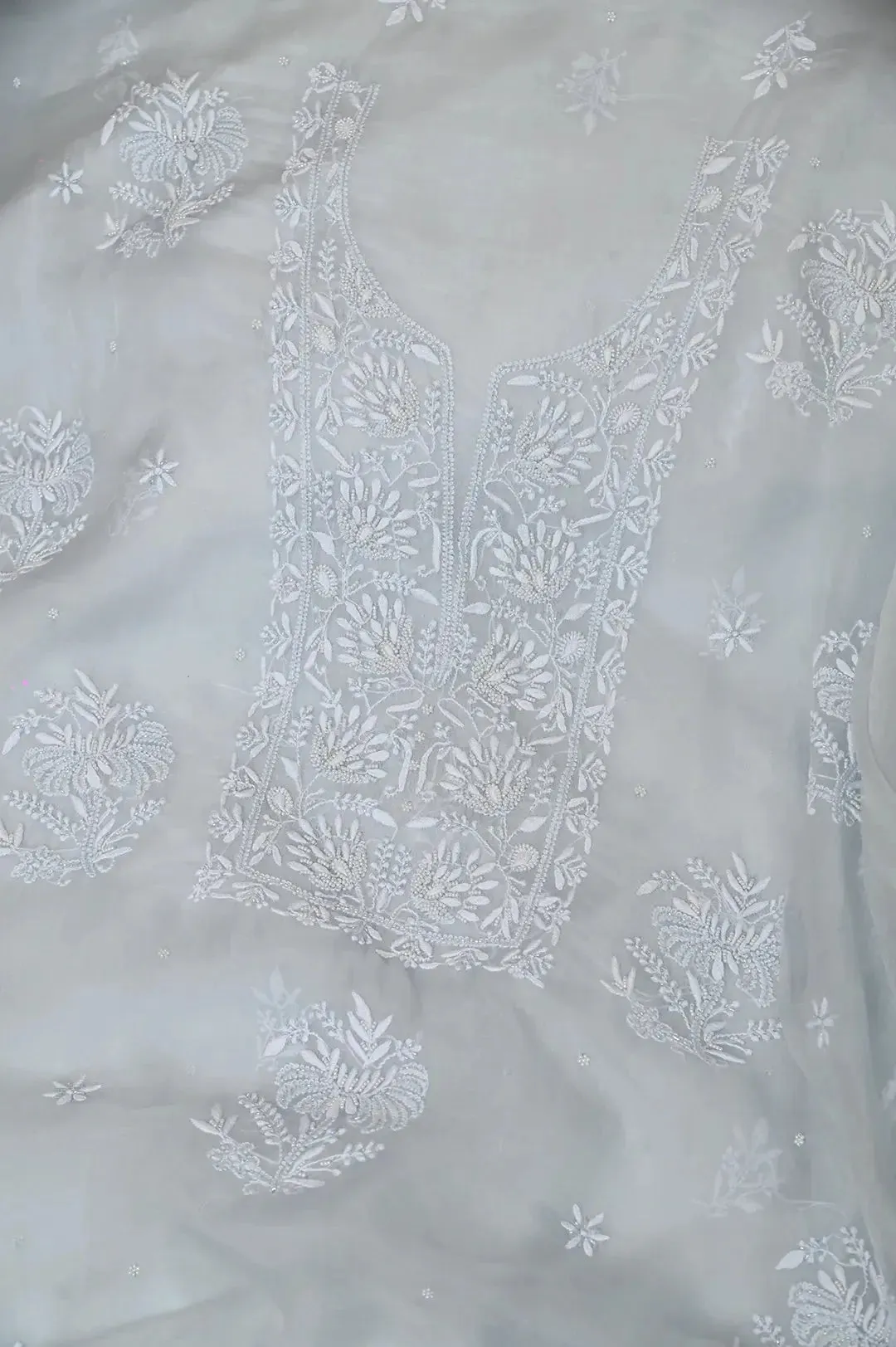 Organza Chikankari Length with Dupatta (Pearl Work) - Grey Green