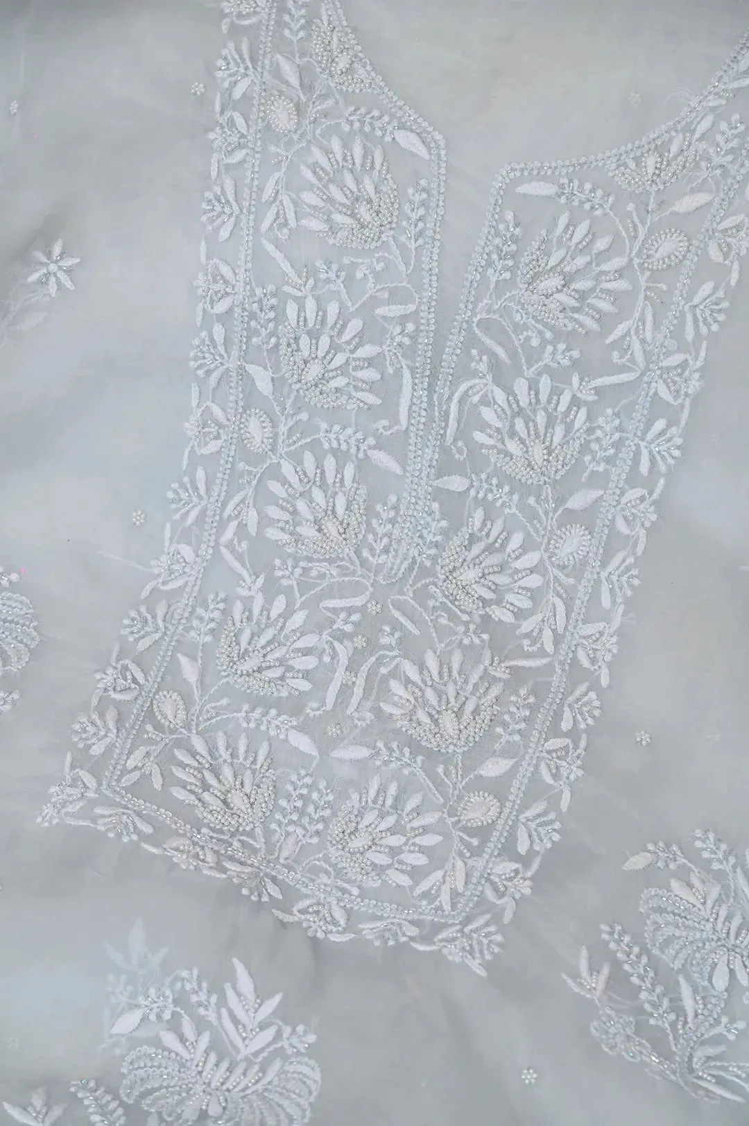 Organza Chikankari Length with Dupatta (Pearl Work) - Grey Green