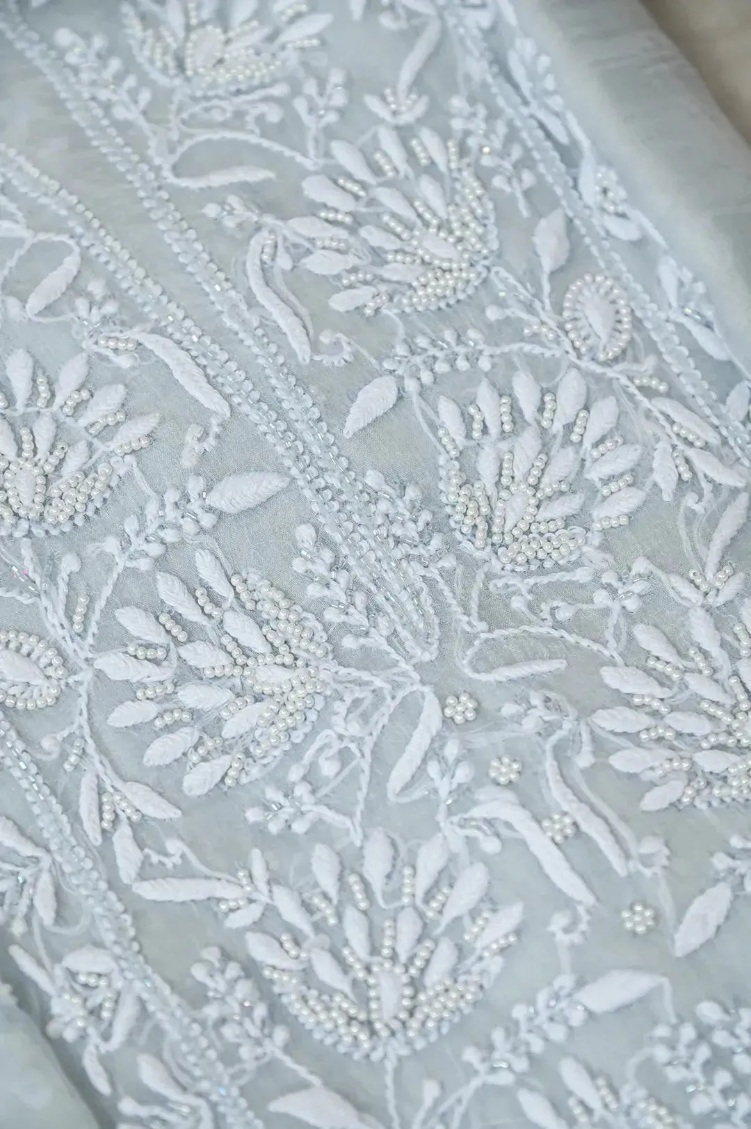 Organza Chikankari Length with Dupatta (Pearl Work) - Grey Green