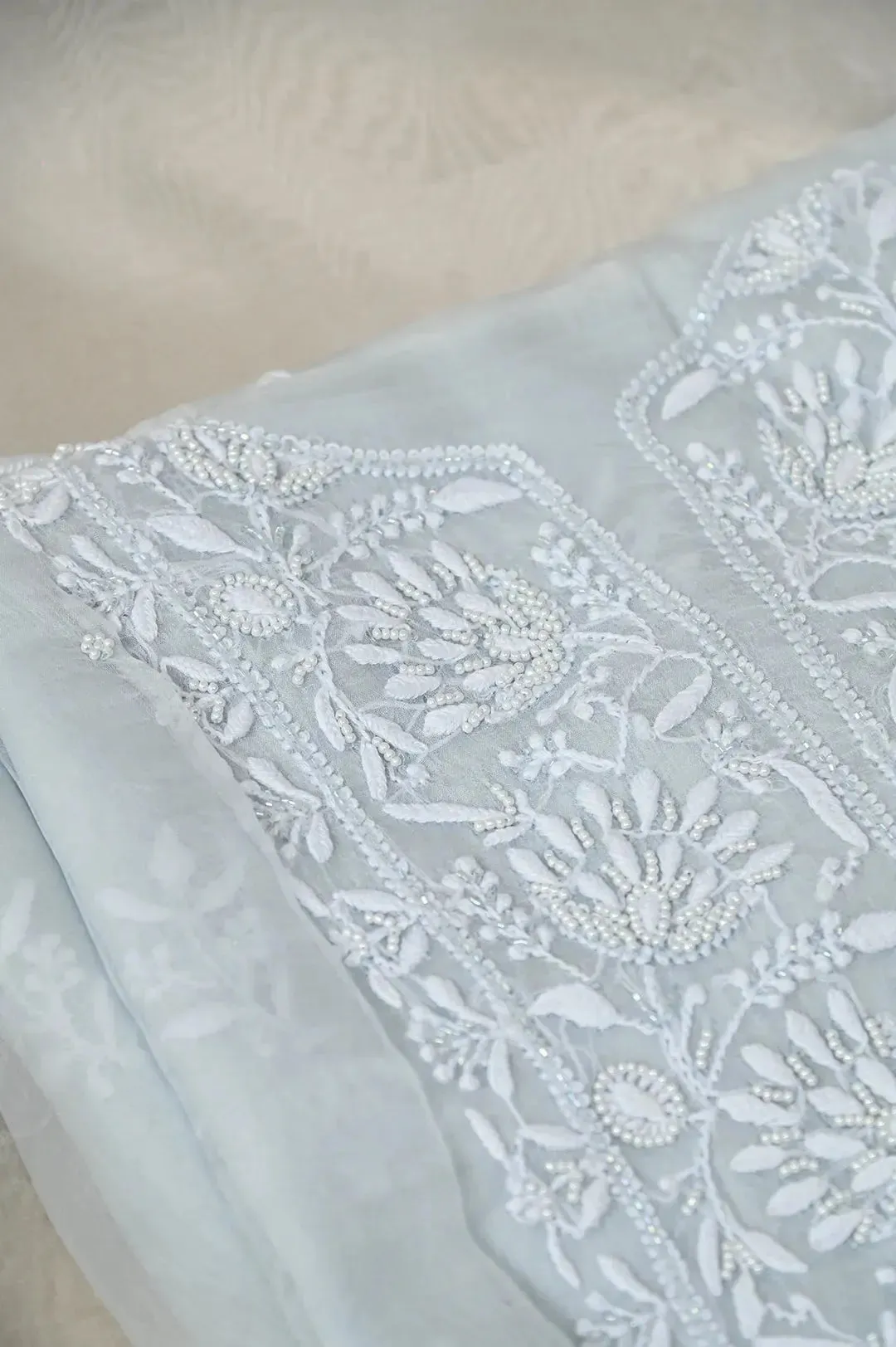 Organza Chikankari Length with Dupatta (Pearl Work) - Grey Green