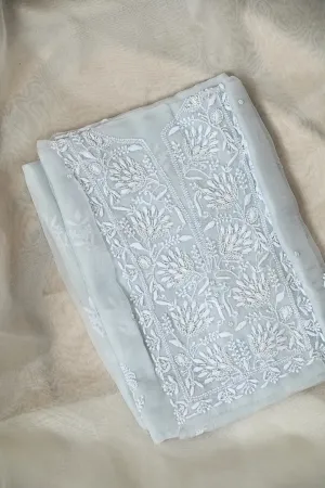 Organza Chikankari Length with Dupatta (Pearl Work) - Grey Green