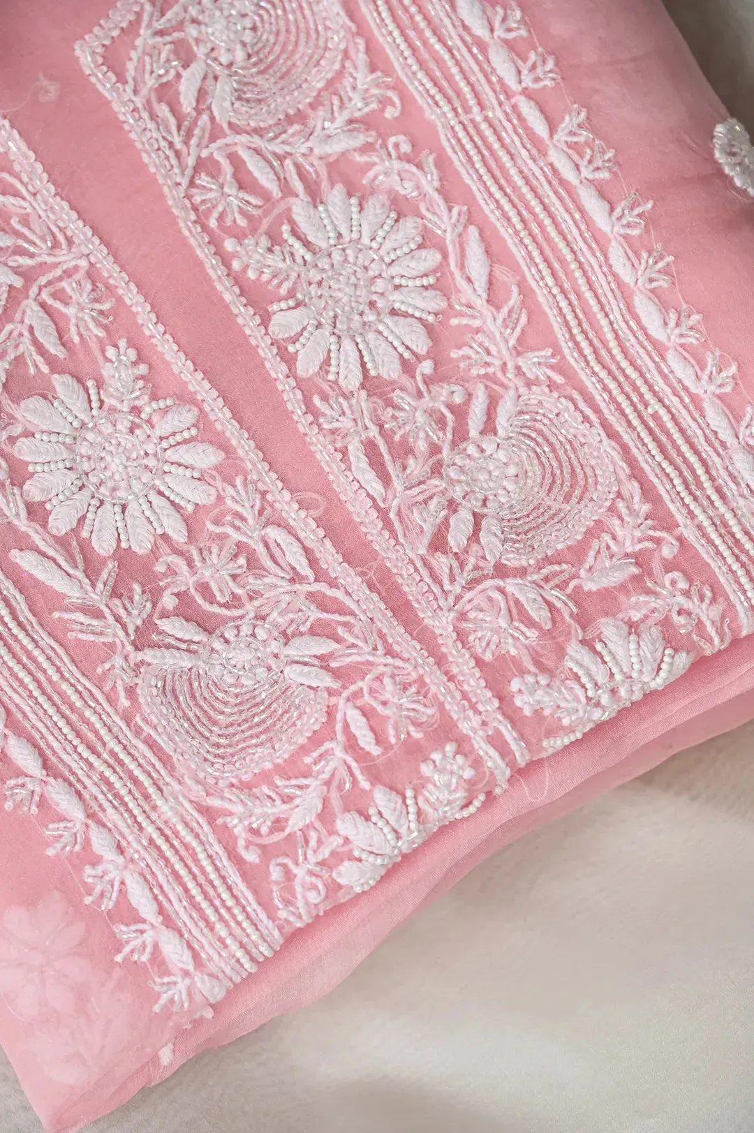 Organza Chikankari Length with Dupatta (Pearl Work) - Pink