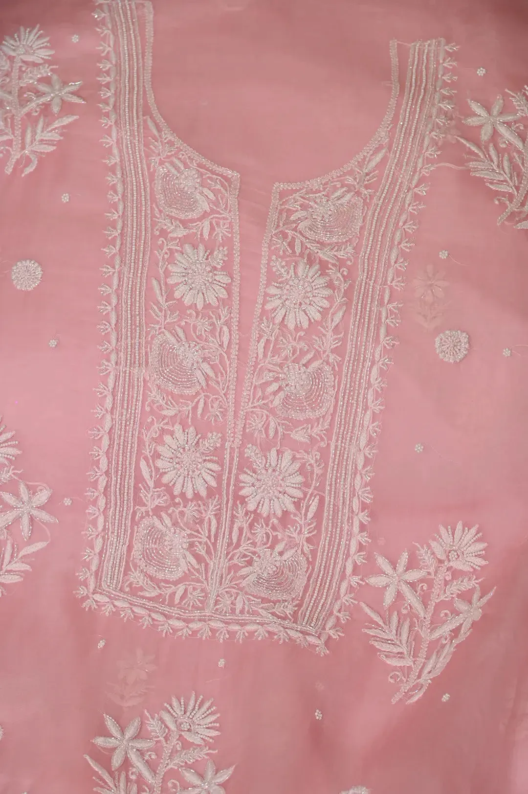 Organza Chikankari Length with Dupatta (Pearl Work) - Pink