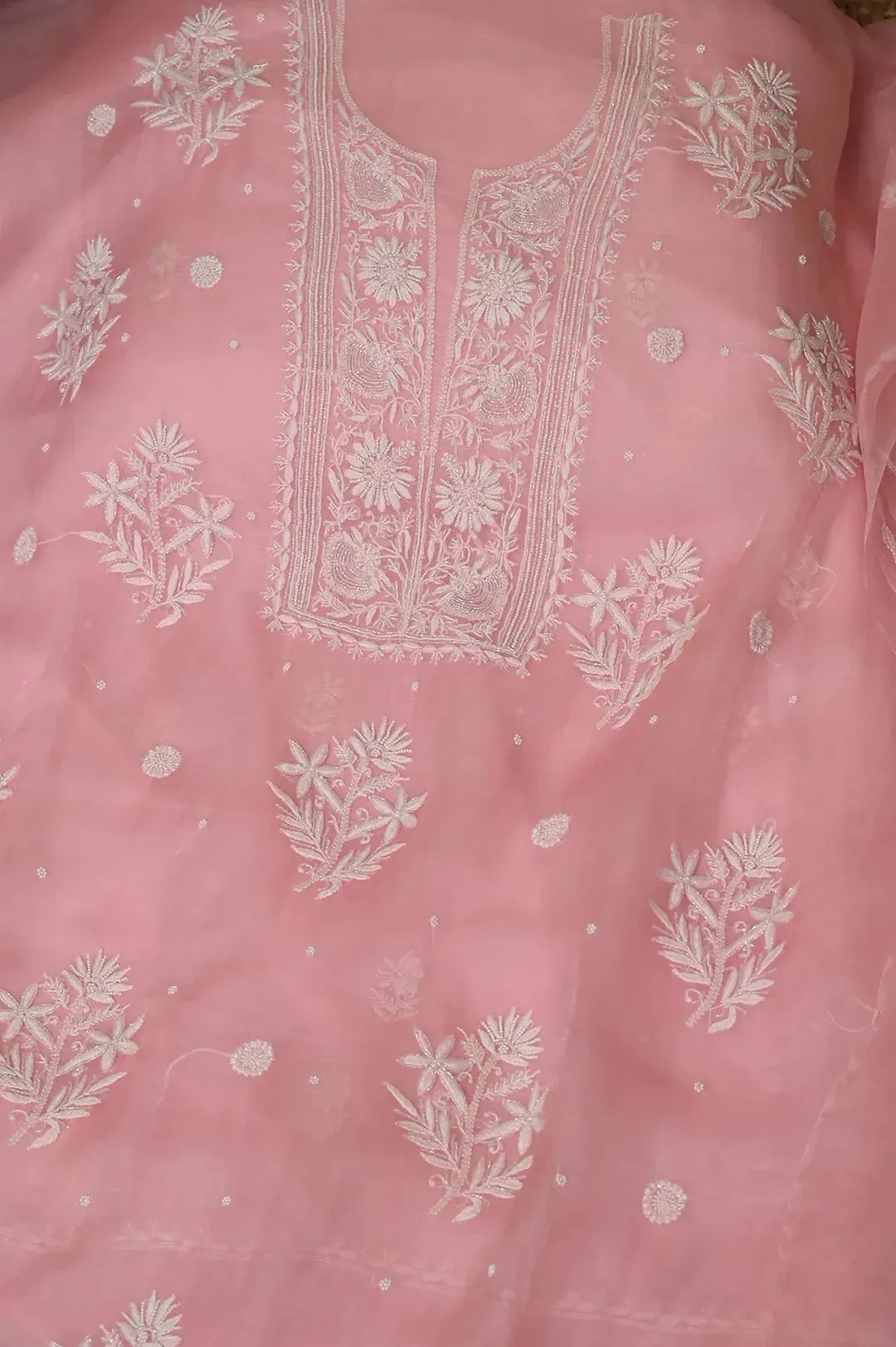 Organza Chikankari Length with Dupatta (Pearl Work) - Pink